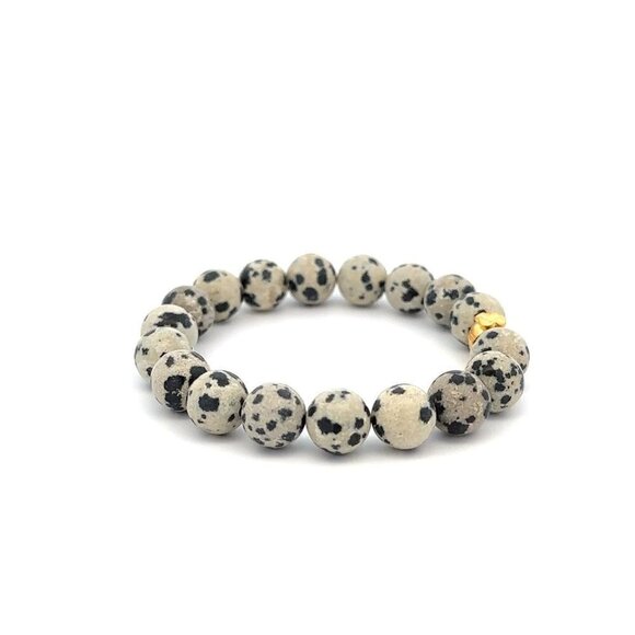 Natural Dalmatian Jasper Gemstones 8mm 24k Gold Money Bag Charm Stretch Bracelet - Picture 2 of 4